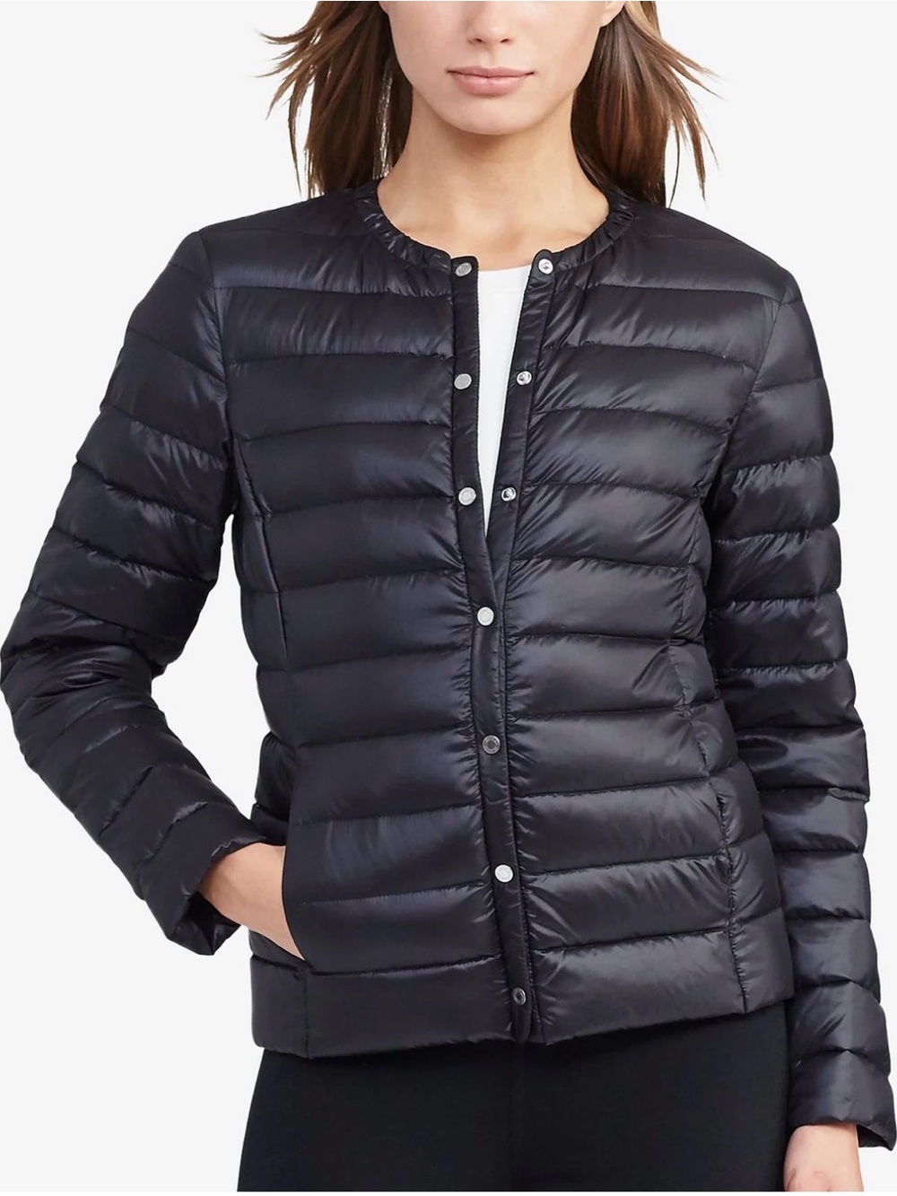 Lauren Ralph Lauren Black Snap Front Packable Down Coat